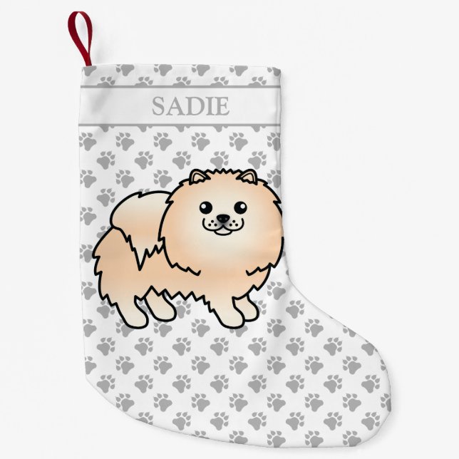 Cream Pomeranian Cute Cartoon Dog & Name Small Christmas Stocking (Front)
