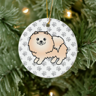 Cream Pomeranian Cute Cartoon Dog & Paws Ceramic Tree Decoration