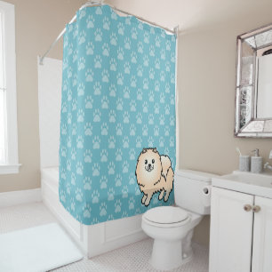 Cream Pomeranian On Blue And Dog Paws Shower Curtain
