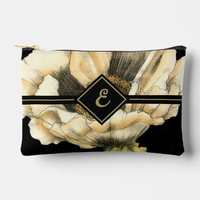 Cream Poppy Flower on Black Background Accessory Pouch (Front)