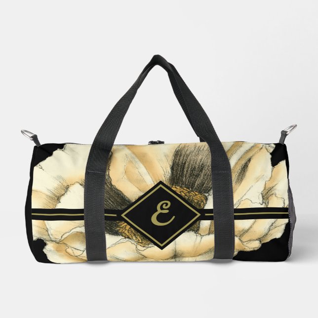 Cream Poppy Flower on Black Background Duffle Bag (Front)