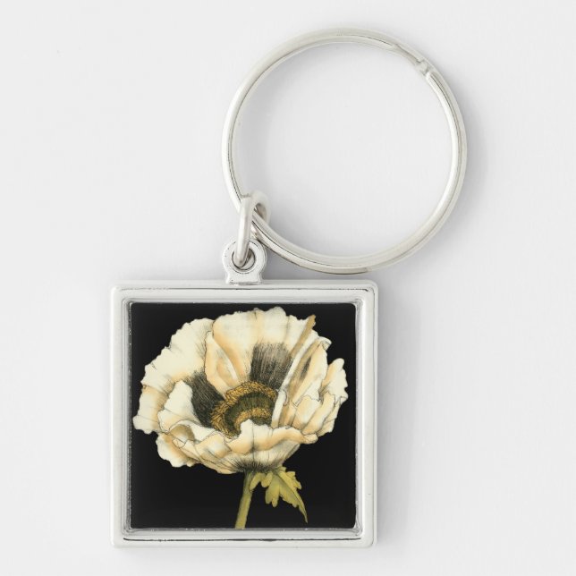 Cream Poppy Flower on Black Background Key Ring (Front)