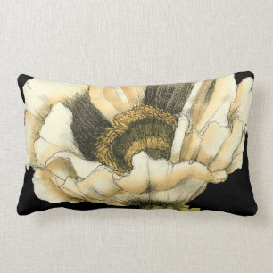 Cream Poppy Flower on Black Background Lumbar Cushion