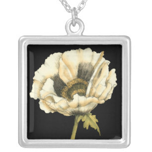 Cream Poppy Flower on Black Background Silver Plated Necklace