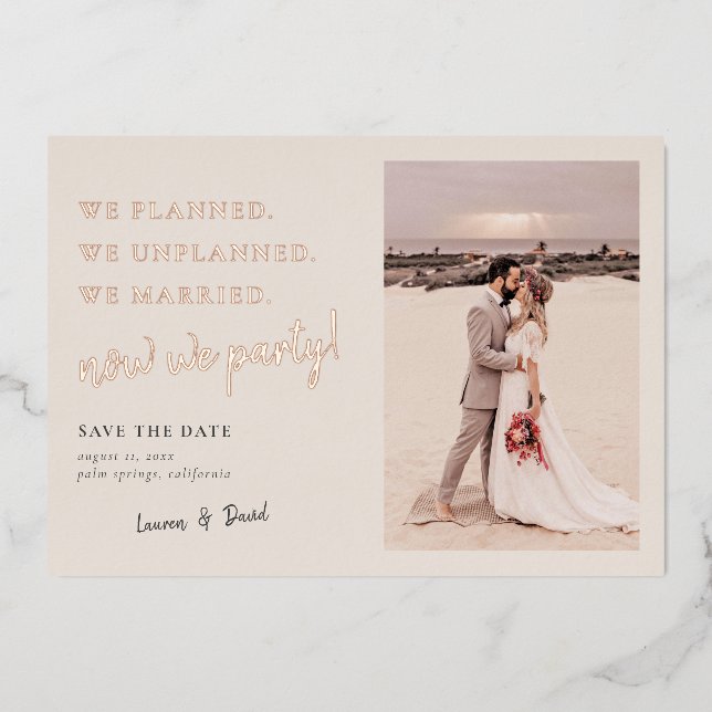 Cream Post Wedding Party Save the Date Foil Card (Front)