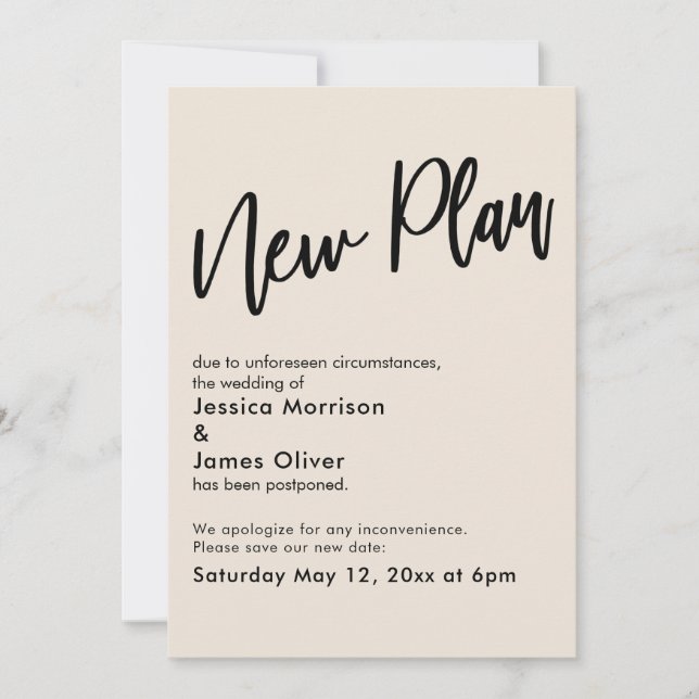 Cream Postponed Wedding New Plan Update Card (Front)