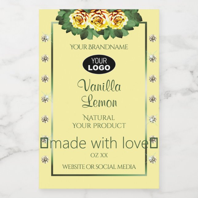 Cream Product Label Yellow Roses Diamonds Add Logo (Single Label)