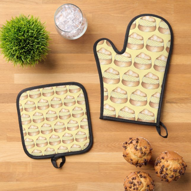 Cream Puff Puffs French Pastry Foodie Baking Towel Oven Mitt & Pot Holder Set (Top Down)