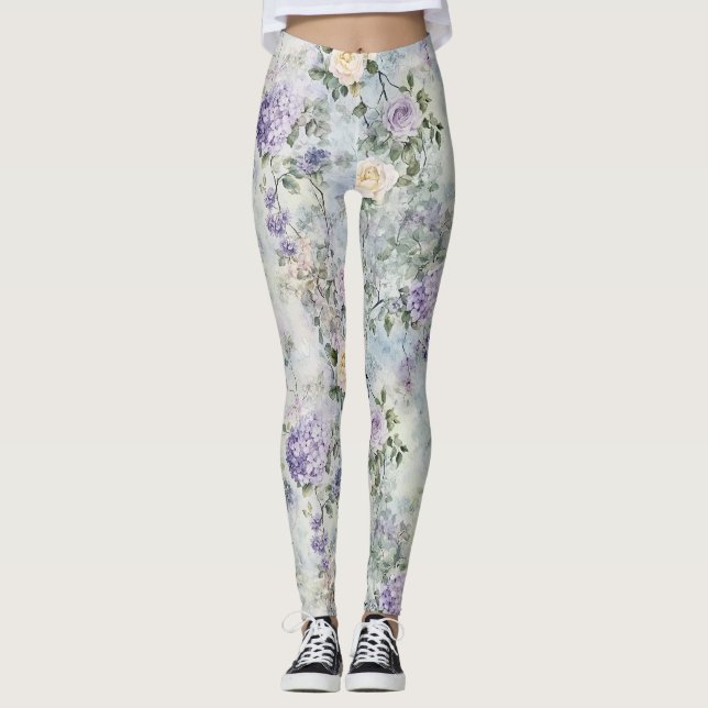 Cream Purple Flowers   Leggings (Front)