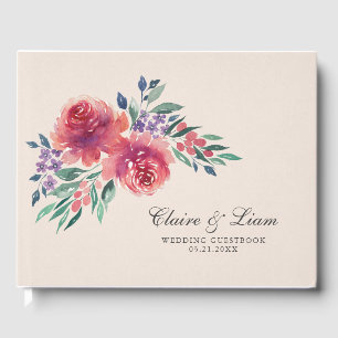 Cream & Purple Romantic Watercolor Floral Wedding Guest Book