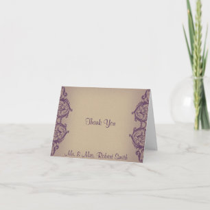 Cream Purple Vintage Scroll Posh Wedding Thank You Card