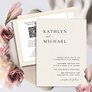 Cream QR Code All In One Modern Minimalist Wedding Invitation Postcard
