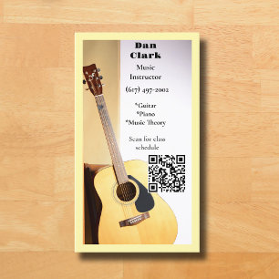 Cream QR Code Music Teacher Acoustic Guitar Business Card