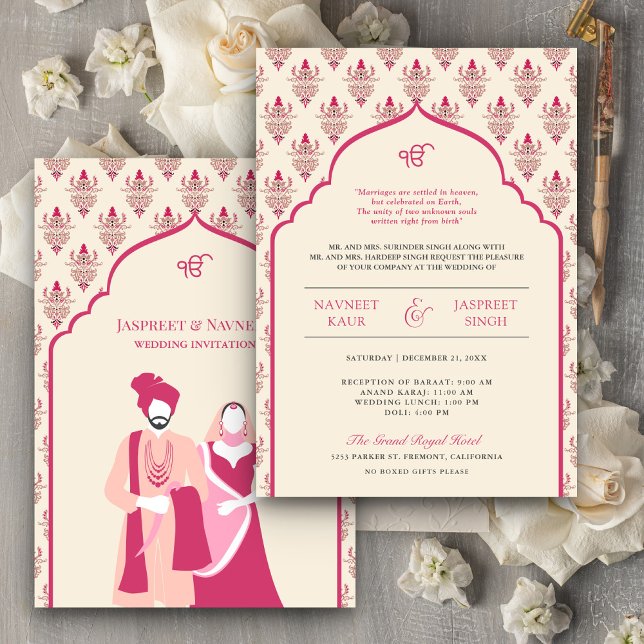Cream Rani Pink Punjabi Anand Karaj Sikh Wedding Invitation (Creator Uploaded)