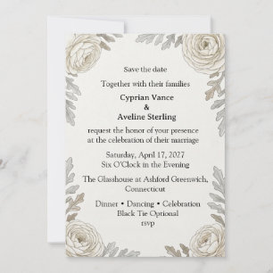 Cream Ranunculus, Dusty Miller Foliage, Botanical  Invitation