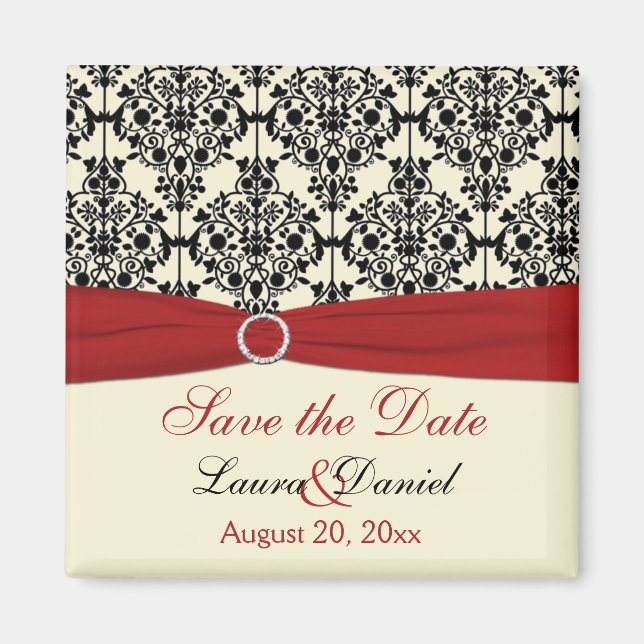 Cream, Red, and Black Damask Save the Date Magnet (Front)