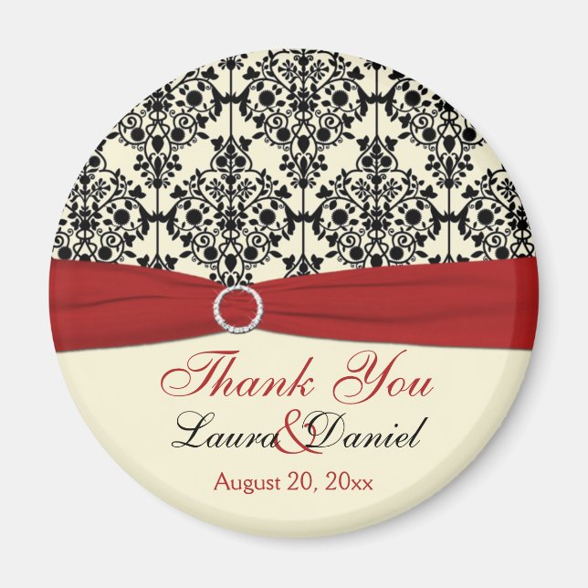 Cream, Red, and Black Damask Thank You Magnet (Front)