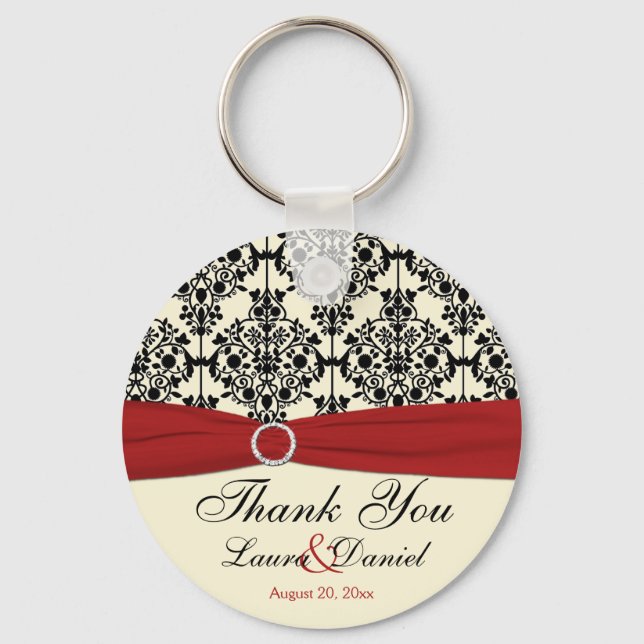 Cream, Red, and Black Damask Wedding Favour Key Ring (Front)