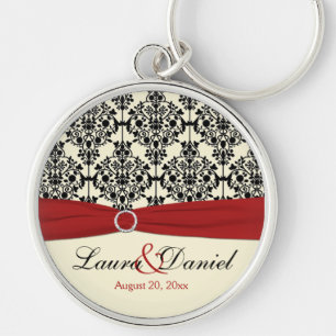 Cream, Red, and Black Damask Wedding Keychain