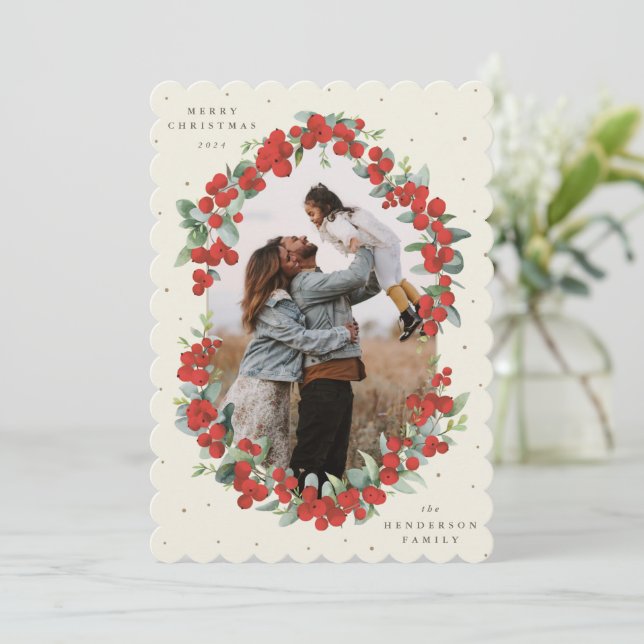 Cream Red Berries+Eucalyptus Christmas Photo Holiday Card (Standing Front)