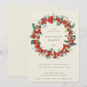 Cream Red Berries+Eucalyptus Wreath Holiday Party Invitation