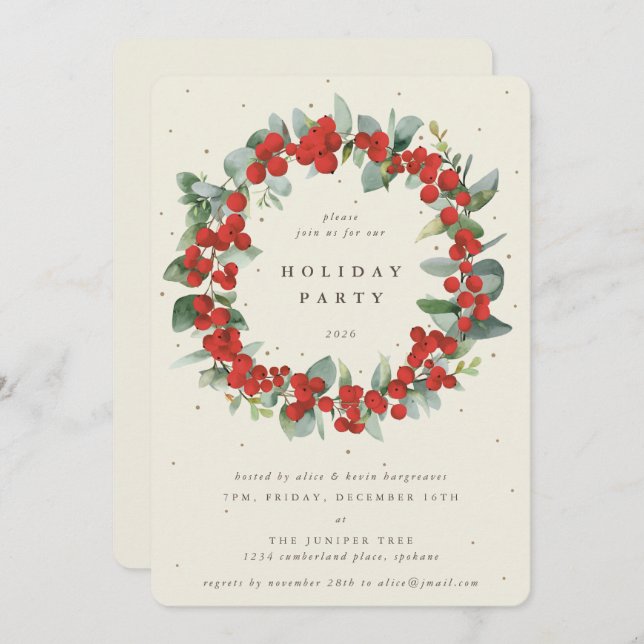 Cream Red Berries+Eucalyptus Wreath Holiday Party Invitation (Front/Back)