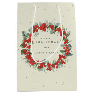 Cream Red Berry+Eucalyptus Christmas/Holiday Medium Gift Bag