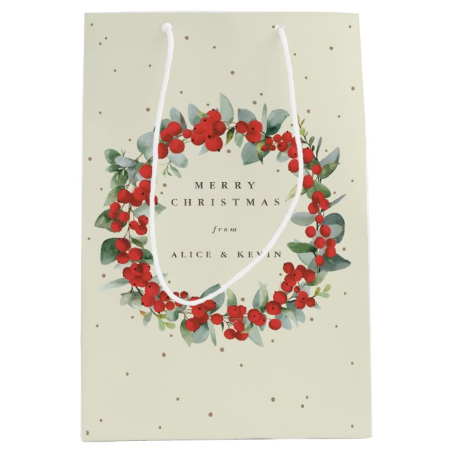 Cream Red Berry+Eucalyptus Christmas/Holiday Medium Gift Bag (Front)