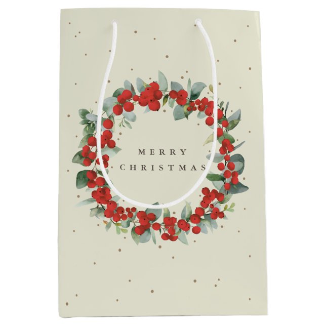Cream Red Berry+Eucalyptus Christmas/Holiday Medium Gift Bag (Front)