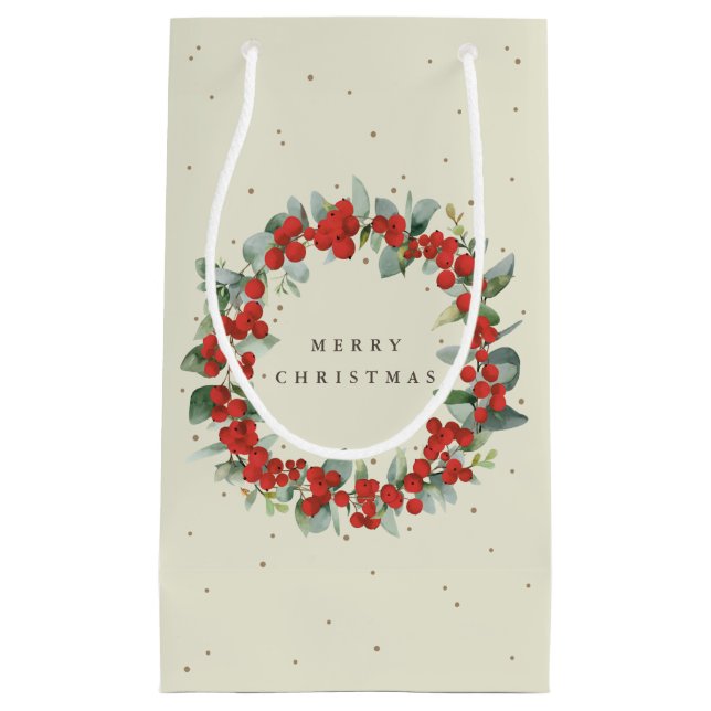 Cream Red Berry+Eucalyptus Christmas/Holiday Small Gift Bag (Front)