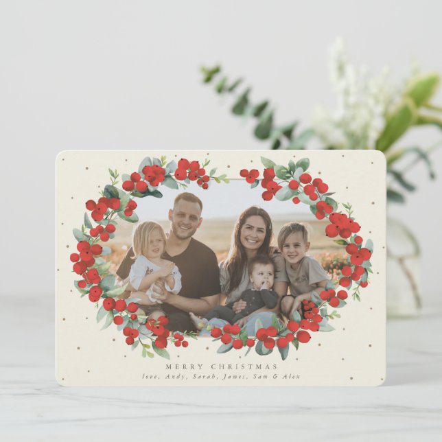Cream Red Berry + Eucalyptus Christmas Photo Holiday Card (Standing Front)