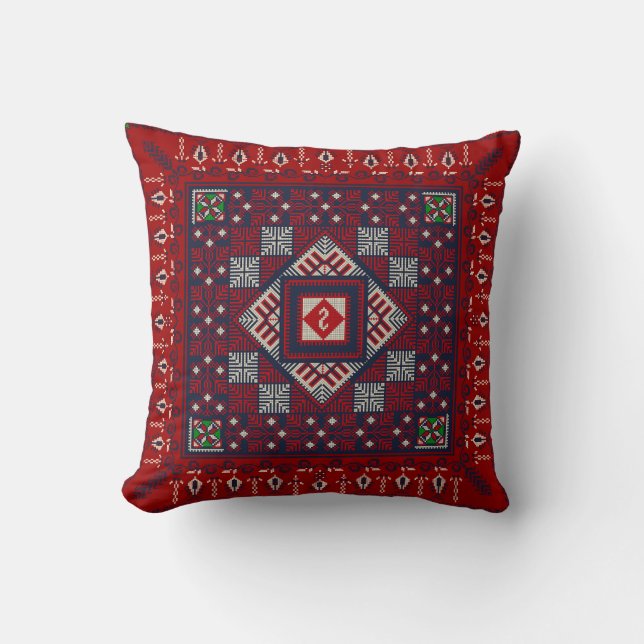 Cream,Red, Blue and Maroon Tatreez Pattern Cushion (Front)