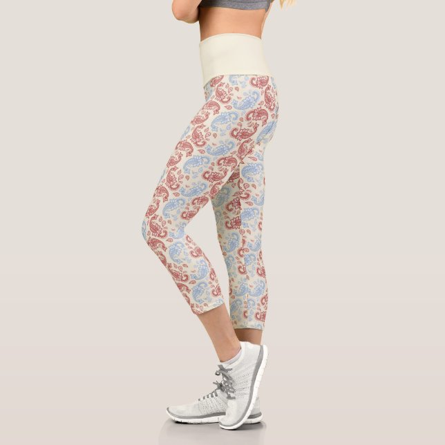 Cream-Red-Blue Paisley Pattern High Waisted Capris (Left)