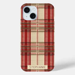 Cream Red Brown Cosy Knit Tartan Plaid iPhone 15 Case