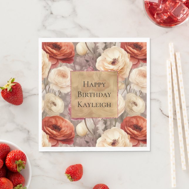 Cream Red Burgundy Floral Birthday Napkin (Insitu)