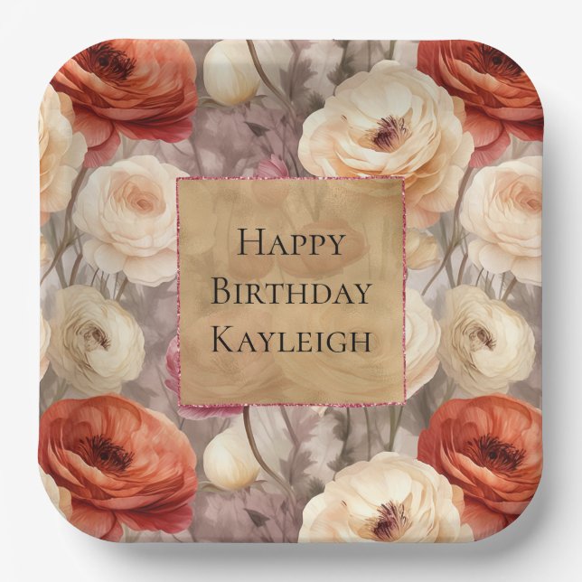 Cream Red Burgundy Floral Birthday Paper Plate (Front)