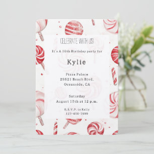 Cream Red Candy Cane Stripes Lollipops Birthday   Invitation