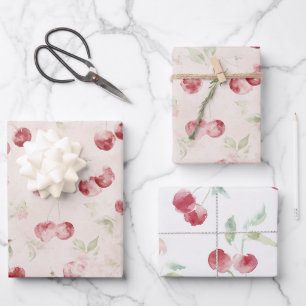 Cream Red Cherries Birthday Wrapping Paper Sheet