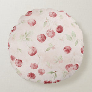 Cream Red Cherries Stripes Round Cushion