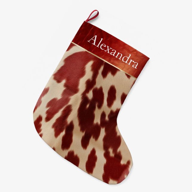 Cream Red Cowhide Christmas Name Large Christmas Stocking (Front (Hanging))