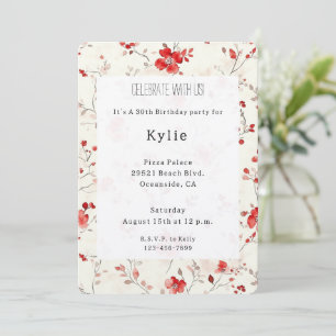 Cream Red Floral Birthday   Invitation