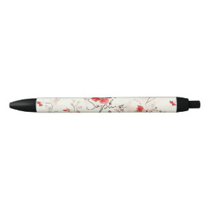 Cream Red Floral   Black Ink Pen