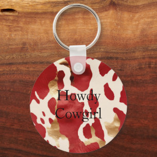 Cream Red Gold Western Cowhide Howdy Key Ring