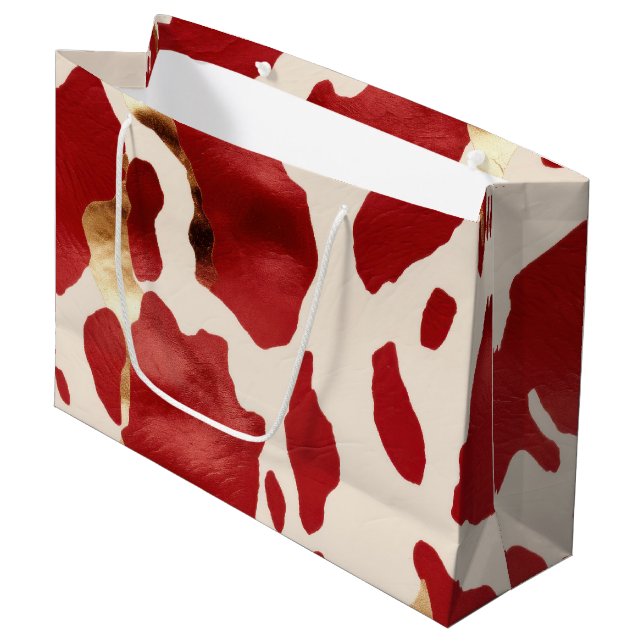 Cream Red Gold Western Cowhide Howdy Large Gift Bag (Front Angled)