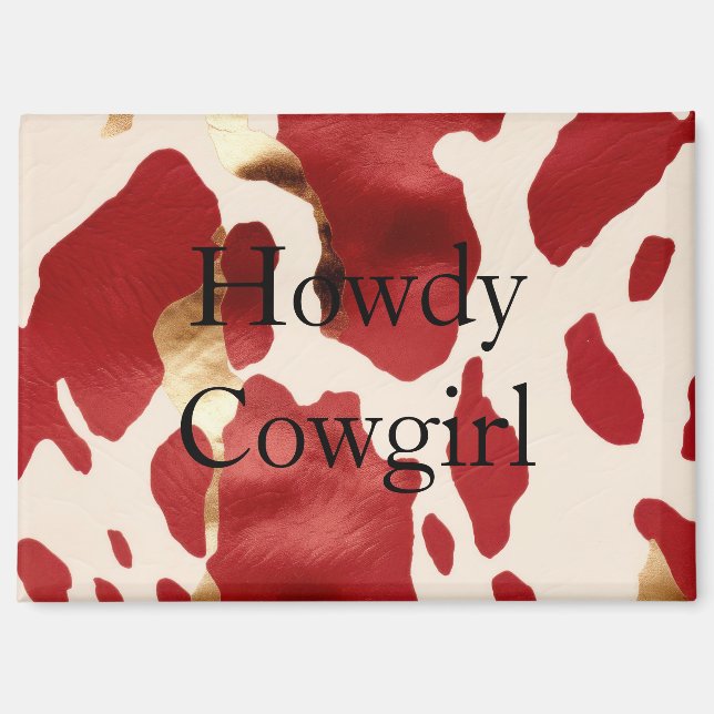 Cream Red Gold Western Cowhide Howdy Magnet (Front)