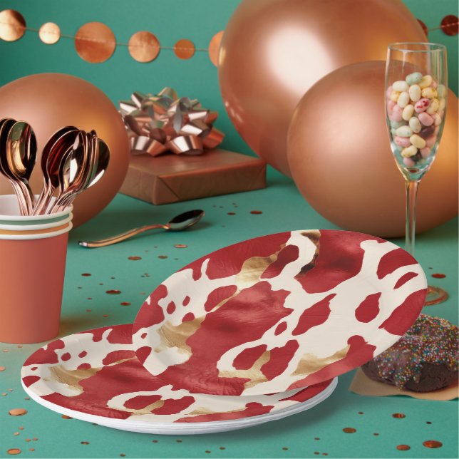 Cream Red Gold Western Cowhide Howdy Paper Plate (Multi)