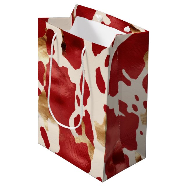 Cream Red Gold Western Cowhide Medium Gift Bag (Front Angled)
