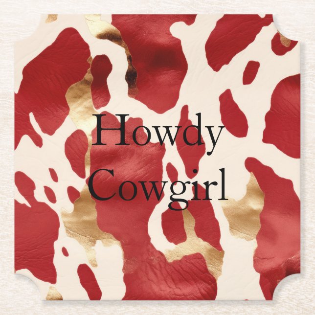 Cream Red Gold Western Cowhide Paper Coaster (Front)