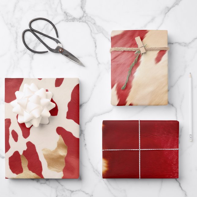 Cream Red Gold Western Cowhide Wrapping Paper Sheet (Front)