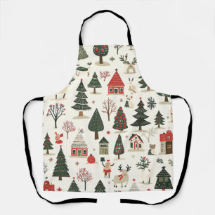 Cream Red Green Folk Art Winter Animal Pattern Apron